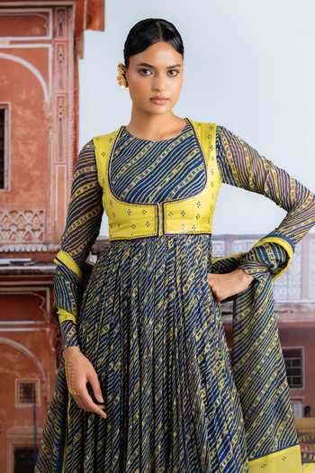 Shop BAISE GABA Blue Chiffon, Muslin Crew Neck, Saanjh Embellished Koti Jacket And Anarkali Set Shop_BAISE GABA_Blue Chiffon, Muslin Crew Neck, Saanjh Embellished Koti Jacket And Anarkali Set