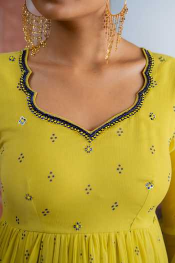 Shop BAISE GABA Yellow Chiffon, Muslin Leaf Neck Kairi Noor Embroidered Anarkali Set Online at Aza Fashions Shop_BAISE GABA_Yellow Chiffon, Muslin Leaf Neck Kairi Noor Embroidered Anarkali Set _Online_at_Aza_Fashions
