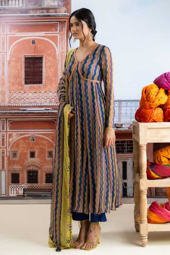 Buy BAISE GABA Blue Chiffon, Muslin V-neck Safira Zig Zag Print Anarkali Set Online at Aza Fashions Buy_BAISE GABA_Blue Chiffon, Muslin V-neck Safira Zig Zag Print Anarkali Set _Online_at_Aza_Fashions