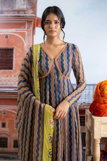 Shop BAISE GABA Blue Chiffon, Muslin V-neck Safira Zig Zag Print Anarkali Set Online at Aza Fashions Shop_BAISE GABA_Blue Chiffon, Muslin V-neck Safira Zig Zag Print Anarkali Set _Online_at_Aza_Fashions