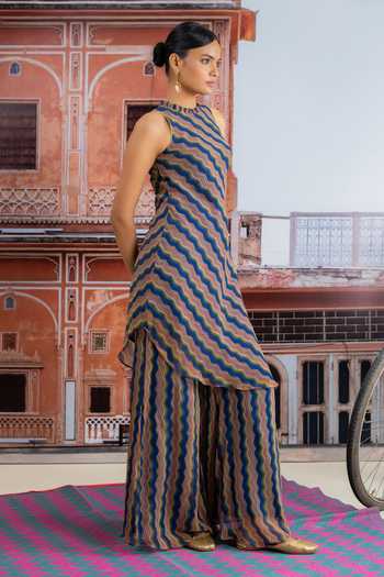 BAISE GABA Multi Color Chiffon Crew Neck Pheri Zig Zag Print Kurta And Palazzo Set at Aza Fashions BAISE GABA_Multi Color Chiffon Crew Neck Pheri Zig Zag Print Kurta And Palazzo Set _at_Aza_Fashions