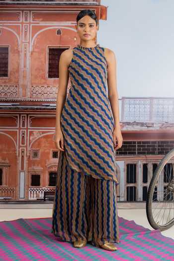 Buy BAISE GABA Multi Color Chiffon Crew Neck Pheri Zig Zag Print Kurta And Palazzo Set Buy_BAISE GABA_Multi Color Chiffon Crew Neck Pheri Zig Zag Print Kurta And Palazzo Set