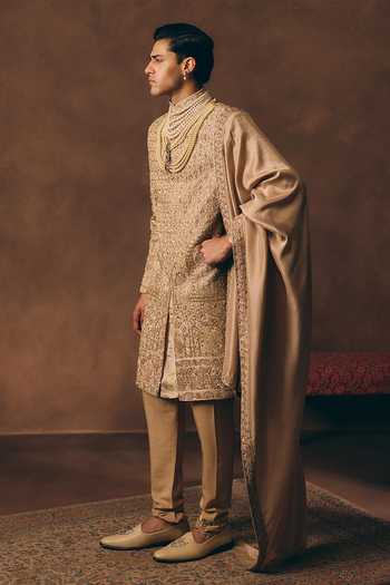 MUKTI AND KAVITH CASA_Gold Chanderi, Tissue, Silk Statement Heritage Embroidered Sherwani Set _Online_at_Aza_Fashions