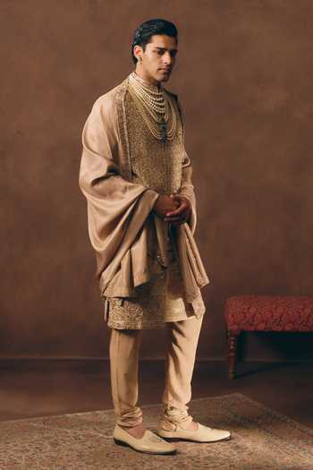 Buy_MUKTI AND KAVITH CASA_Gold Chanderi, Tissue, Silk Statement Heritage Embroidered Sherwani Set _Online_at_Aza_Fashions