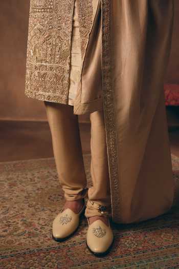 Shop_MUKTI AND KAVITH CASA_Gold Chanderi, Tissue, Silk Statement Heritage Embroidered Sherwani Set _Online_at_Aza_Fashions