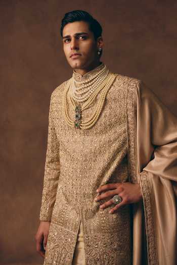 MUKTI AND KAVITH CASA_Gold Chanderi, Tissue, Silk Statement Heritage Embroidered Sherwani Set _at_Aza_Fashions