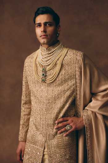 Buy_MUKTI AND KAVITH CASA_Gold Chanderi, Tissue, Silk Statement Heritage Embroidered Sherwani Set 