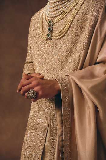Shop_MUKTI AND KAVITH CASA_Gold Chanderi, Tissue, Silk Statement Heritage Embroidered Sherwani Set 