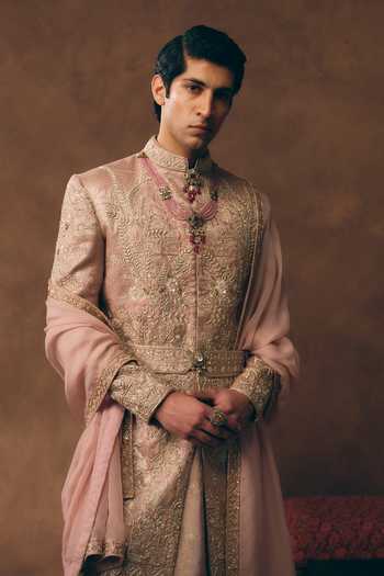 Buy MUKTI AND KAVITH CASA Pink Brocade, Tissue, Silk, Organza Classic Heritage Sherwani Set Online at Aza Fashions Buy_MUKTI AND KAVITH CASA_Pink Brocade, Tissue, Silk, Organza Classic Heritage Sherwani Set _Online_at_Aza_Fashions