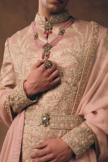 Shop MUKTI AND KAVITH CASA Pink Brocade, Tissue, Silk, Organza Classic Heritage Sherwani Set Online at Aza Fashions Shop_MUKTI AND KAVITH CASA_Pink Brocade, Tissue, Silk, Organza Classic Heritage Sherwani Set _Online_at_Aza_Fashions