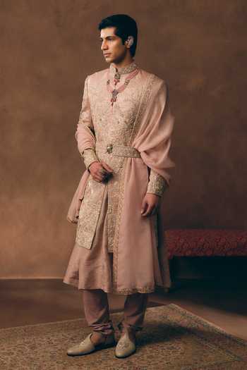 MUKTI AND KAVITH CASA Pink Brocade, Tissue, Silk, Organza Classic Heritage Sherwani Set at Aza Fashions MUKTI AND KAVITH CASA_Pink Brocade, Tissue, Silk, Organza Classic Heritage Sherwani Set _at_Aza_Fashions
