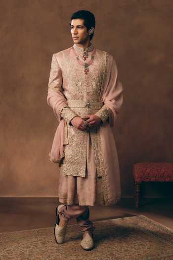 Buy MUKTI AND KAVITH CASA Pink Brocade, Tissue, Silk, Organza Classic Heritage Sherwani Set Buy_MUKTI AND KAVITH CASA_Pink Brocade, Tissue, Silk, Organza Classic Heritage Sherwani Set