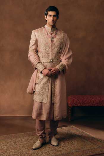 Shop MUKTI AND KAVITH CASA Pink Brocade, Tissue, Silk, Organza Classic Heritage Sherwani Set Shop_MUKTI AND KAVITH CASA_Pink Brocade, Tissue, Silk, Organza Classic Heritage Sherwani Set