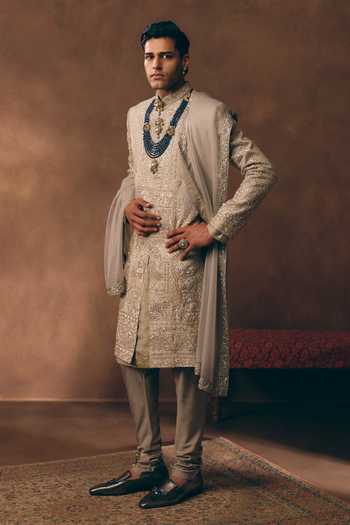 MUKTI AND KAVITH CASA Grey Chanderi, Silk, Organza Regal Embroidered Sherwani Set Online at Aza Fashions MUKTI AND KAVITH CASA_Grey Chanderi, Silk, Organza Regal Embroidered Sherwani Set _Online_at_Aza_Fashions