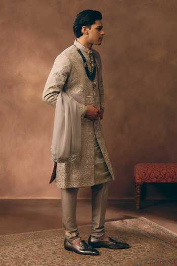Buy MUKTI AND KAVITH CASA Grey Chanderi, Silk, Organza Regal Embroidered Sherwani Set Online at Aza Fashions Buy_MUKTI AND KAVITH CASA_Grey Chanderi, Silk, Organza Regal Embroidered Sherwani Set _Online_at_Aza_Fashions