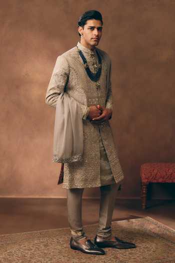 Shop MUKTI AND KAVITH CASA Grey Chanderi, Silk, Organza Regal Embroidered Sherwani Set Online at Aza Fashions Shop_MUKTI AND KAVITH CASA_Grey Chanderi, Silk, Organza Regal Embroidered Sherwani Set _Online_at_Aza_Fashions