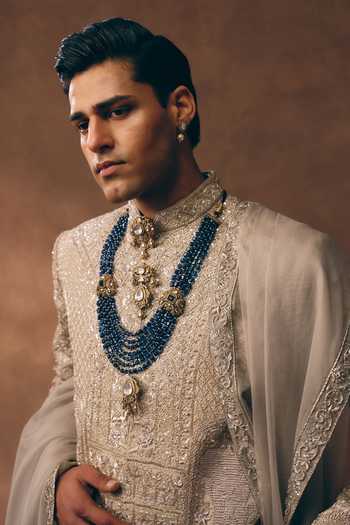 MUKTI AND KAVITH CASA Grey Chanderi, Silk, Organza Regal Embroidered Sherwani Set at Aza Fashions MUKTI AND KAVITH CASA_Grey Chanderi, Silk, Organza Regal Embroidered Sherwani Set _at_Aza_Fashions
