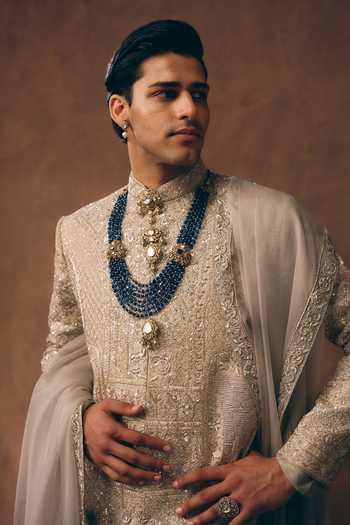 Buy MUKTI AND KAVITH CASA Grey Chanderi, Silk, Organza Regal Embroidered Sherwani Set Buy_MUKTI AND KAVITH CASA_Grey Chanderi, Silk, Organza Regal Embroidered Sherwani Set