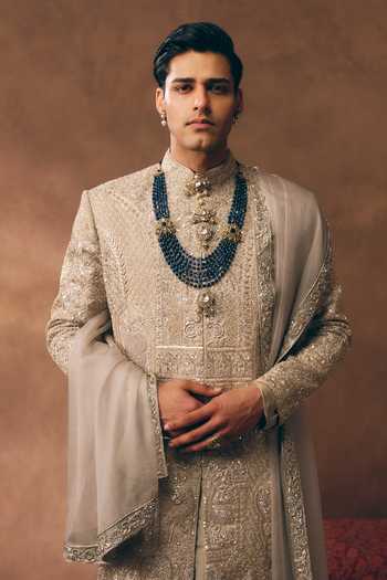Shop MUKTI AND KAVITH CASA Grey Chanderi, Silk, Organza Regal Embroidered Sherwani Set Shop_MUKTI AND KAVITH CASA_Grey Chanderi, Silk, Organza Regal Embroidered Sherwani Set