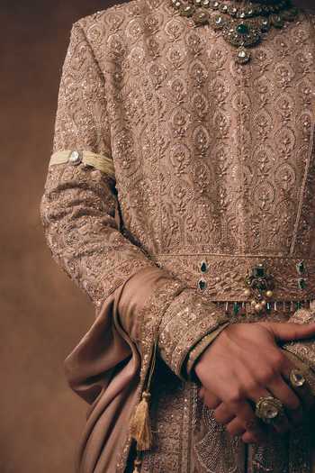 MUKTI AND KAVITH CASA_Pink Silk, Tissue Elegant Embellished Sherwani Set _Online_at_Aza_Fashions