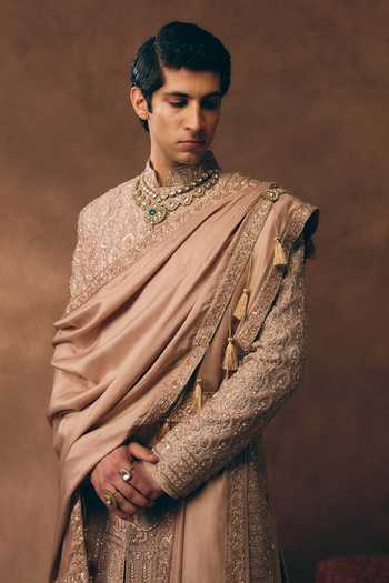 Buy_MUKTI AND KAVITH CASA_Pink Silk, Tissue Elegant Embellished Sherwani Set _Online_at_Aza_Fashions