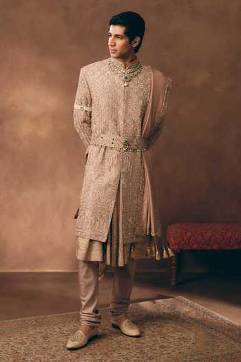Shop_MUKTI AND KAVITH CASA_Pink Silk, Tissue Elegant Embellished Sherwani Set _Online_at_Aza_Fashions