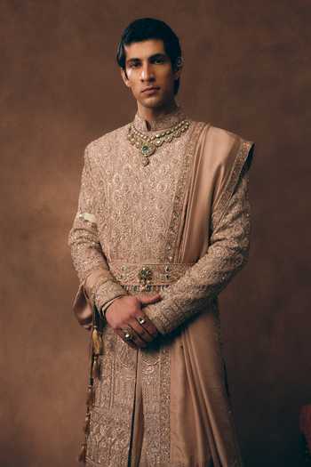 MUKTI AND KAVITH CASA_Pink Silk, Tissue Elegant Embellished Sherwani Set _at_Aza_Fashions