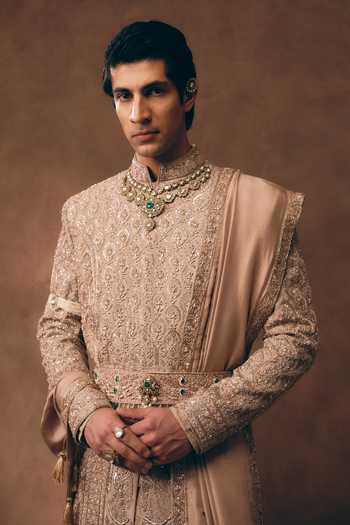 Shop_MUKTI AND KAVITH CASA_Pink Silk, Tissue Elegant Embellished Sherwani Set 