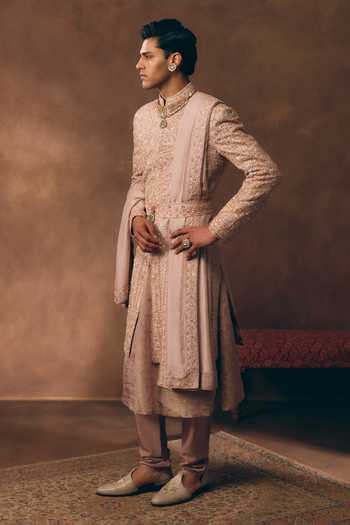 MUKTI AND KAVITH CASA_Pink Silk Timeless Embroidered Sherwani Set _Online_at_Aza_Fashions