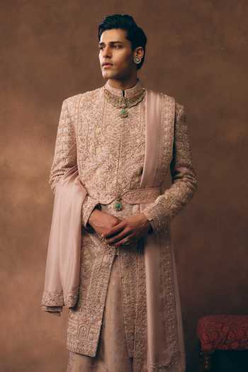 Buy_MUKTI AND KAVITH CASA_Pink Silk Timeless Embroidered Sherwani Set _Online_at_Aza_Fashions