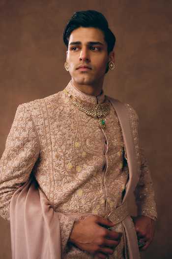 Shop_MUKTI AND KAVITH CASA_Pink Silk Timeless Embroidered Sherwani Set _Online_at_Aza_Fashions