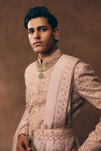 MUKTI AND KAVITH CASA_Pink Silk Timeless Embroidered Sherwani Set _at_Aza_Fashions