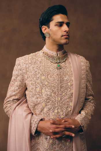 Buy_MUKTI AND KAVITH CASA_Pink Silk Timeless Embroidered Sherwani Set 