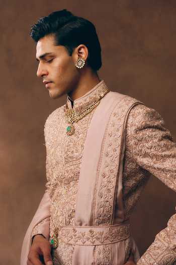 Shop_MUKTI AND KAVITH CASA_Pink Silk Timeless Embroidered Sherwani Set 