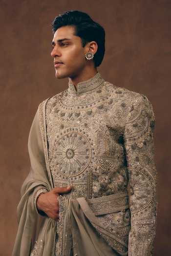 MUKTI AND KAVITH CASA Grey Chanderi, Tissue, Silk, Organza Maharaja Madallion Embroidered Sherwani Set Online at Aza Fashions MUKTI AND KAVITH CASA_Grey Chanderi, Tissue, Silk, Organza Maharaja Madallion Embroidered Sherwani Set _Online_at_Aza_Fashions