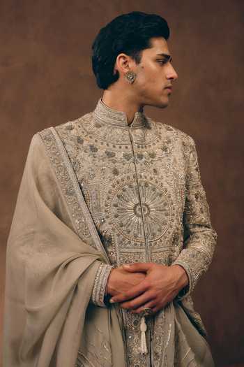 Buy MUKTI AND KAVITH CASA Grey Chanderi, Tissue, Silk, Organza Maharaja Madallion Embroidered Sherwani Set Online at Aza Fashions Buy_MUKTI AND KAVITH CASA_Grey Chanderi, Tissue, Silk, Organza Maharaja Madallion Embroidered Sherwani Set _Online_at_Aza_Fashions