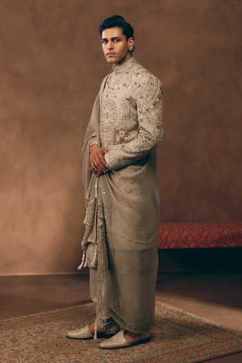 Shop MUKTI AND KAVITH CASA Grey Chanderi, Tissue, Silk, Organza Maharaja Madallion Embroidered Sherwani Set Online at Aza Fashions Shop_MUKTI AND KAVITH CASA_Grey Chanderi, Tissue, Silk, Organza Maharaja Madallion Embroidered Sherwani Set _Online_at_Aza_Fashions
