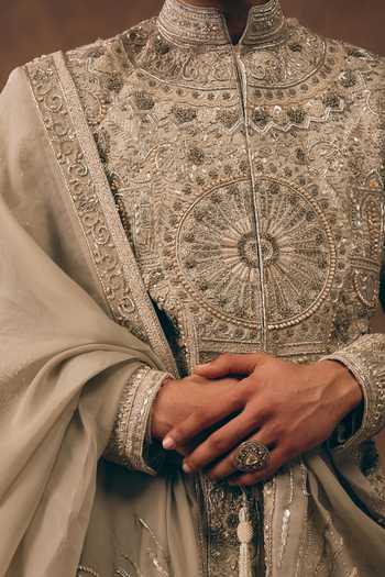 MUKTI AND KAVITH CASA Grey Chanderi, Tissue, Silk, Organza Maharaja Madallion Embroidered Sherwani Set at Aza Fashions MUKTI AND KAVITH CASA_Grey Chanderi, Tissue, Silk, Organza Maharaja Madallion Embroidered Sherwani Set _at_Aza_Fashions