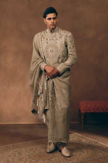 Buy MUKTI AND KAVITH CASA Grey Chanderi, Tissue, Silk, Organza Maharaja Madallion Embroidered Sherwani Set Buy_MUKTI AND KAVITH CASA_Grey Chanderi, Tissue, Silk, Organza Maharaja Madallion Embroidered Sherwani Set