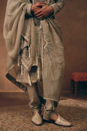 Shop MUKTI AND KAVITH CASA Grey Chanderi, Tissue, Silk, Organza Maharaja Madallion Embroidered Sherwani Set Shop_MUKTI AND KAVITH CASA_Grey Chanderi, Tissue, Silk, Organza Maharaja Madallion Embroidered Sherwani Set