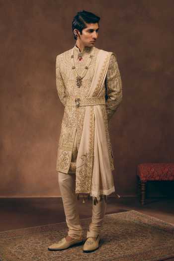 MUKTI AND KAVITH CASA_Gold Silk, Tissue Opulent Heritage Zardozi Work Sherwani Set _Online_at_Aza_Fashions