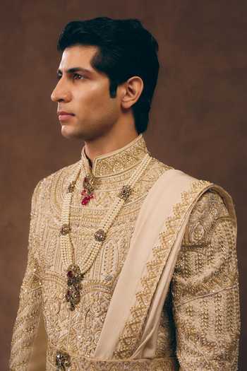Buy_MUKTI AND KAVITH CASA_Gold Silk, Tissue Opulent Heritage Zardozi Work Sherwani Set _Online_at_Aza_Fashions