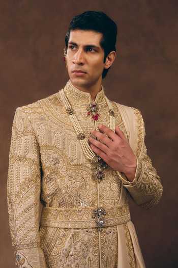 Shop_MUKTI AND KAVITH CASA_Gold Silk, Tissue Opulent Heritage Zardozi Work Sherwani Set _Online_at_Aza_Fashions