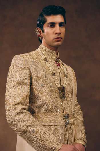 MUKTI AND KAVITH CASA_Gold Silk, Tissue Opulent Heritage Zardozi Work Sherwani Set _at_Aza_Fashions