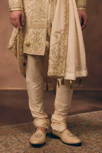 Buy_MUKTI AND KAVITH CASA_Gold Silk, Tissue Opulent Heritage Zardozi Work Sherwani Set 
