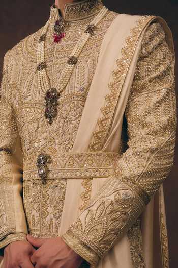Shop_MUKTI AND KAVITH CASA_Gold Silk, Tissue Opulent Heritage Zardozi Work Sherwani Set 
