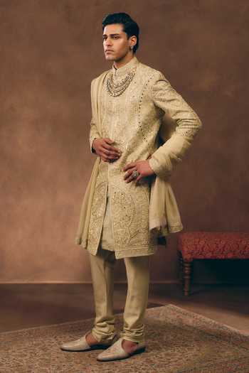 MUKTI AND KAVITH CASA Off White Silk, Tissue, Organza Classic Royal Embroidered Sherwani Set Online at Aza Fashions MUKTI AND KAVITH CASA_Off White Silk, Tissue, Organza Classic Royal Embroidered Sherwani Set _Online_at_Aza_Fashions