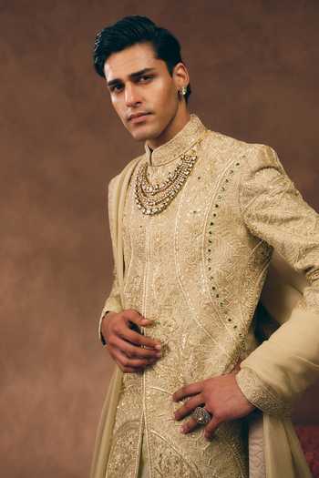 Buy MUKTI AND KAVITH CASA Off White Silk, Tissue, Organza Classic Royal Embroidered Sherwani Set Online at Aza Fashions Buy_MUKTI AND KAVITH CASA_Off White Silk, Tissue, Organza Classic Royal Embroidered Sherwani Set _Online_at_Aza_Fashions