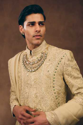 Shop MUKTI AND KAVITH CASA Off White Silk, Tissue, Organza Classic Royal Embroidered Sherwani Set Online at Aza Fashions Shop_MUKTI AND KAVITH CASA_Off White Silk, Tissue, Organza Classic Royal Embroidered Sherwani Set _Online_at_Aza_Fashions