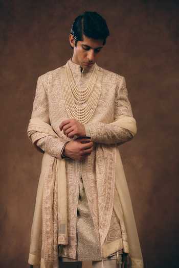 MUKTI AND KAVITH CASA_Ivory Silk, Organza Timeless Embroidered Sherwani Set _Online_at_Aza_Fashions